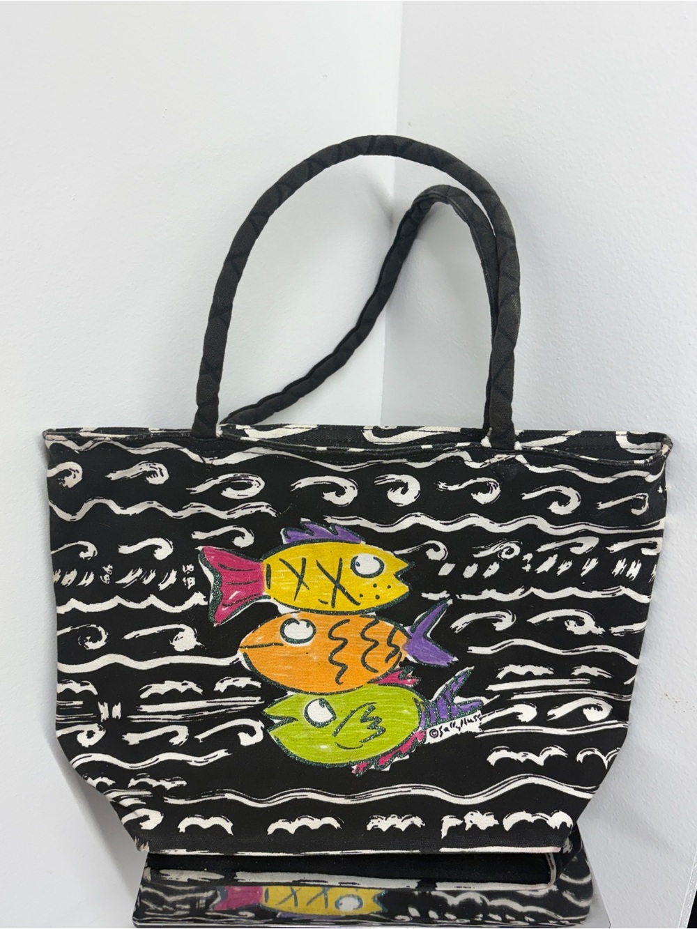 Sally Huss Canvas Tote Bag w/ White & Black Wavy Pattern & Colorful Stacked Fish